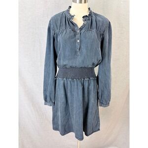 Rails Chambray Tencel Long Sleeve Smocked Waist‎ Ruffle Collar Dress S Western